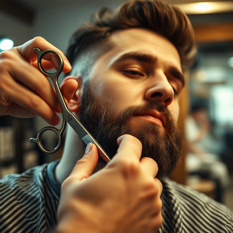 Barber trimming and shaping a beard