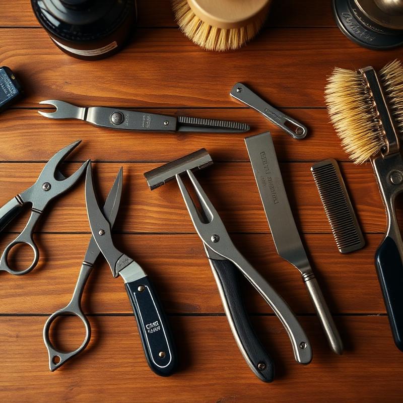 Vintage barber tools laid out on a wood counter
