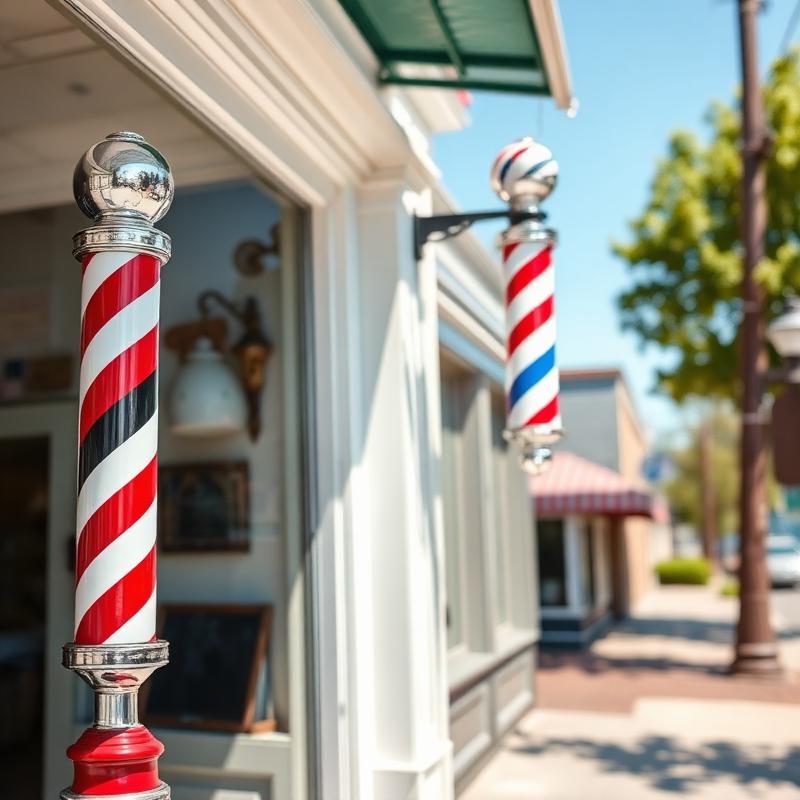 Classic red and white barber pole outside the shop