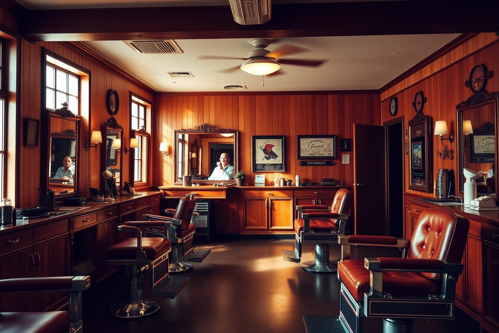 Warm interior of Sal's Barber Shop with vintage leather chairs
